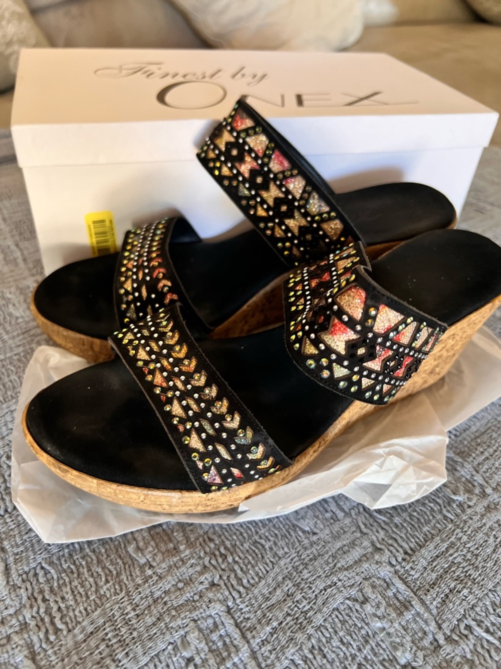 Black Embellished Cork Wedge Sandals